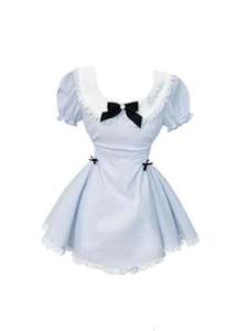 plus Size Doll Collar Short Sleeve Womens Dress Summer Waist Cinched Butterfly Knot Fluffy Princess Short Skirt Korean Style A-Line Dress