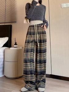 Christmas Vintage Plaid Wide Leg Pants Drawstring Waist Thick Casual Trousers High Waist Straight Cut Autumn Winter Women