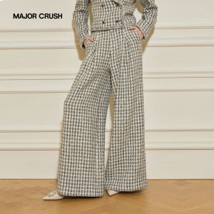 Tweed Suit Houndstooth Notched Collar Trim Fit Short Jacket Flared Trousers