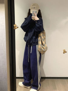 American Retro Navy Blue Stripes Straight-leg Casual Pants for Women Fall and Winter New Arrival Loose Slimming Drawstring Wide Leg Track Pants