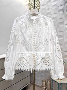 Elegant French Style Embroidered Hollow out Waist-Cinching Shirt for Women Design Sensation Niche Top Spring Season Cotton Long Sleeve round Neck