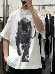 เสื้อยืดแขนสั้นผ้าฝ้ายแท้สไตล์อเมริกันย้อนยุคฤดูร้อนใหม่สำหรับผู้ชาย ทรงหลวม ลำลอง หลากหลายสไตล์ ลายเสือดาว สีดำ ทรงหลวม