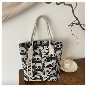 Adorable Panda Canvas Bag Womens Single Shoulder Large Capacity Handbag Double-Sided Printed Travel Shopping Bag Casual Tote