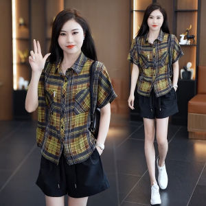 Slimming Plaid Shirt Womens Summer New Loose Belly Covering Casual Top Anti-Aging Thin Model Checkered Shirt Polo Collar Short Sleeve