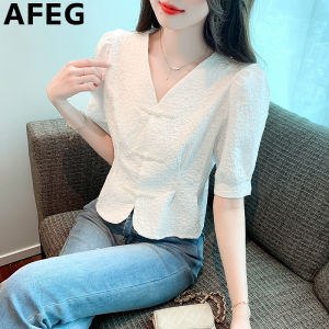 AFEG Korean version V-neck short fashion slimming retro disc buckle bubble short sleeve blouse for women