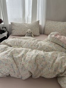 Pink Floral Washed Cotton Bedding Set Three Piece Student Dormitory Bed Canopy Quilt Cover Sheet Pillowcase Four Piece Suite