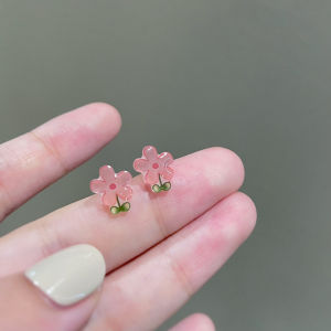 Adorable S925 Pure Silver Sweet Pink Floral Earrings with Non-Piercing Clip-On Style for Women Summer Lace-Up Details