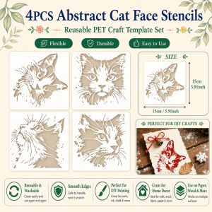 4pcs Cat Face Pattern Stencils with Abstract Cat Face Painting Stencil PET Cats Graffiti Stencils Themes Template for Wall & DIY