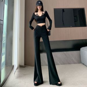 Black Weila Suit Pants Womens Autumn Stylish Lace Patchwork High Waist Casual Pants Silm Draped Mop Trousers