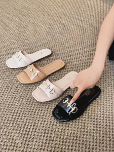 Women Flat Slippers With Metal Buckle Square Toe Sandals Casual Summer Sandals for Women Multi Color 3018-18