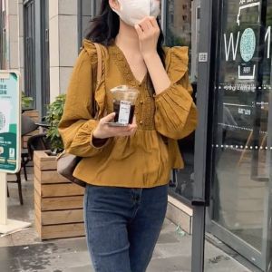QINGNAER | French Retro V-Neck Long Sleeve Shirt Oversized