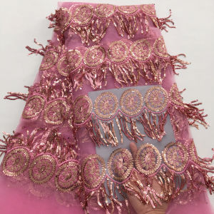 Vải Ren Lưới Màu Hồng Cao Cấp Với Họa Tiết Tròn Đính Sequin Dùng Cho Váy Cưới Và Đầm Dạ Hội Cao Cấp Thân Thiện Với Môi Trường 100% Polyester