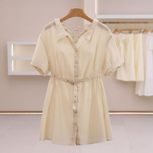 Drawstring Collar Waist Cinching Single Button Shirt