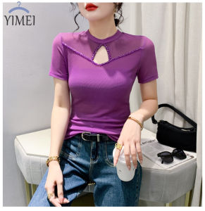 YIMEI เสื้อปักลูกปัดกลวงคอกลมใหม่ 2023 สำหรับฤดูร้อน ผ้าตา สีม่วง เสื้อยืดผ้า ขนาดของสีม่วง ผู้หญิงสวยงาม
