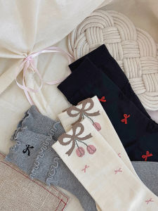 2025 New Fashion Sweet Butterfly Knot Embroidered Pure Cotton Mid-Calf Socks for Women Matching Small Leather Shoes Socks