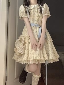 French Sweet Doll Collar Floral Dress Womens Summer Puff Sleeves Princess Pettiskirt Waist-Tight Petite Short Dress