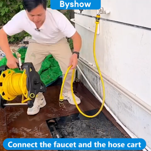 Byshow 10M Garden Hose Reel Set with Storage Rack 6 Connectors High Pressure Flexible Hose for Car Wash Lawn Watering 3-Layer PVC Stable Triangle Stand Portable