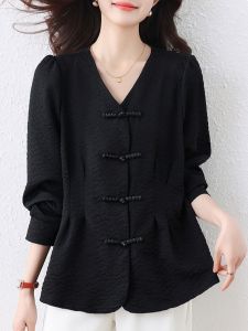 New September Ink Road 2025 Autumn V-neck Long Sleeve Slimming Chinese Style Button Design Versatile Top Commute Style Straight Cut