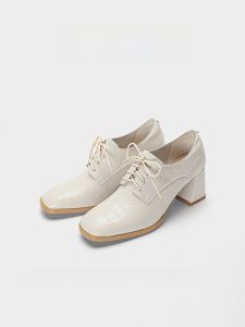 SHIMEI ผู้หญิง หนัง รองเท้าเดี่ยวปากลึก ผูกเชือก Mini หนัง รองเท้าหัวเหลี่ยมส้นหนา สีครีม รองเท้าส้นสูง สไตล์อังกฤษ