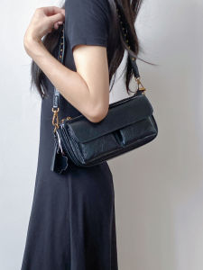 SUYUM Classic Black Womens Bag Retro Underarm Double Pocket Small Square Single Shoulder Bag British Style Commuting Bag