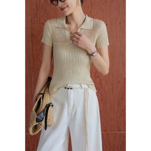 Collared Pique Striped Short Sleeve Knitted Top