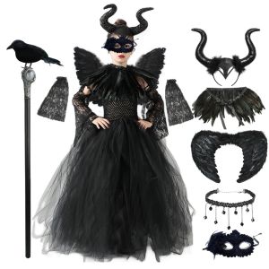 Carnival Costume Maleficent Tutu Girls Cosplay Evil Queen Black Mesh Princess Dress Children Raven Wand Demonic Witch Accessory