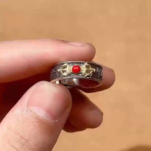RY-Auspicious silver jewelry six-character mantra rune Vajra ring size adjustable for men and women ruby ring Buddhist sutra ring