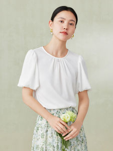 White Lace Shirt Princess Sleeve Texture round Neck Womens Top Fashionable Commute Style Polyester Blend Short Sleeve