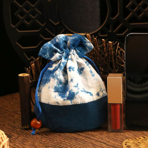 Handmade Dyed Cotton Fabric Storage Bag Drawstring Knot Bag Artistic Tie Dye Drawstring Bag Cloud Pattern Plant Dye Bag