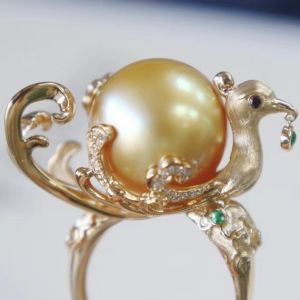 Montagne Jewelry 18k Pure Gold Ring Burma Jade Inset Phoenix Design Fine Jewellery Natural 14.8mm Pearl Ring