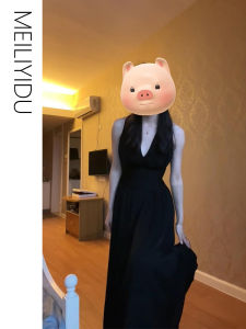 Váy Dài Không Tay Cổ Chữ V Màu Đen Cỡ Lớn Thanh Lịch Cho Nữ Mùa Hè 2024 Váy Chữ a Cạp Cao Kiểu Dáng Công Sở