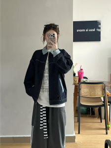 Womens Denim Jacket Spring 2025 New Design Unique American Retro Patchwork Turn-down Collar Versatile Jacket Top