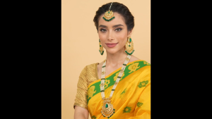 Reesha Jewel - Indian Long Necklace Set in Green White Colors