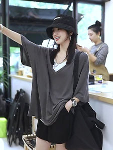 Ice Silk V-Neck Short Sleeve T-Shirt Womens Loose Fit Summer Slimming Top Versatile Cover Belly Fake Two-Piece Style Korean Style