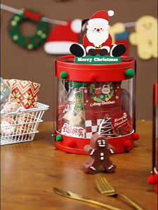กล่อง PVC พรีเมี่ยมใส่ขนมลายคริสมาสต์ merry christmas premium box พร้อมสายหูหิ้วหนัง