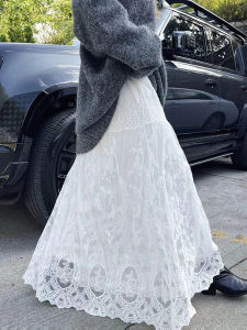 Elegant Lace Half Skirt Womens High Waist A-Line Skirt Gentle Style Korean Commute Long Skirt Slimming Net Gown Design Sensation