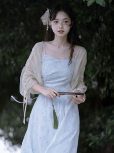 Romantic French New Chinese Style Embroidered Slimming Tea Break Dress Summer Season High Waist Fairy Skirt Zipper Closure