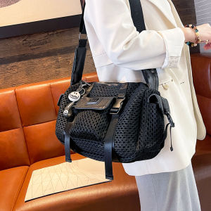 Casual Lightweight Large Capacity Motorcycle Bag Womens Crossbody Bag Mesh Surface Fashionable Leisure Handbag for Youth