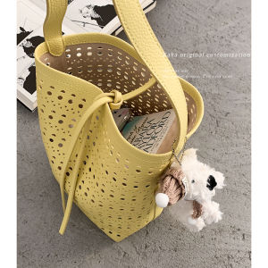 Trendy Hollow out Bucket Bag Womens Underarm Large Capacity Crossbody Bag Fashionable Summer Handbag Soft PU Leather