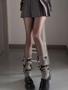Gray Knitted JK Socks Womens Long Tube Leg Warmers with Multiple Butterfly Knots Autumn Winter Warm Thickened Stockings