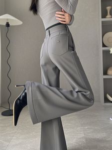Spring 2025 High Waist Grey Wide Leg Flared Pants Commute Fashionable Casual Womens Straight Cut Trousers Polyester Blend
