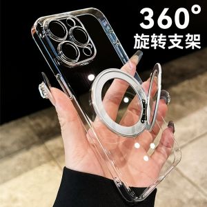 CrashStar ที่มีขาตั้ง MagSafe หมุนได้360 ° พร้อมเคสโทรศัพท์ฮาร์ดพีซีกันกระแทกเคลือบใส HD ฟิลม์นิรภัยสำหรับเลนส์สำหรับ iPhone 16 15 14 Pro Max Plus 13 12 11 Pro Max XR X XS Max 7 + 8 Plus ชาร์จไร้สายเคสใส่โทรศัพท์เคสโทรศัพท์แบบใส