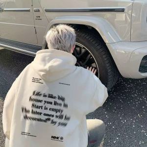 เสื้อสเวตเตอร์ฮู้ดผ้าฝ้ายแท้สไตล์อเมริกัน สำหรับนักเรียน สำหรับทั้งชายและหญิง ฤดูใบไม้ผลิ ฤดูใบไม้ร่วง ฤดูหนาว สีดำ ทรงหลวม เสื้อคลุมกันหนาว