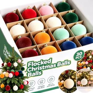 30Pcs New Multicoloured Flocked Christmas Baubles Christmas Tree Ornaments Velvet Xmas Tree Hanging Pendents Festive Decoration