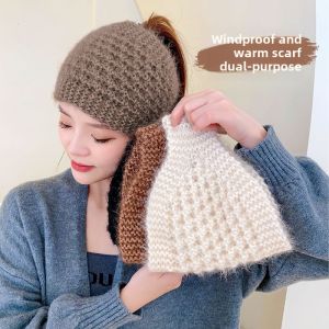 Woolen Knitted Hat Pineapple Hat Female Fall and Winter Cover Gray Hair Hat Dual-Use Can Be Used as Scarf Warm Ear Protection Hair Band Hollow Cap