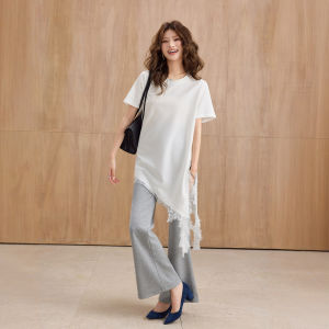 Summer T-Shirt with Lace Edges and Asymmetrical Hem Women