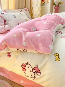 Hello Kitty Milk Velvet Coral ผ้าขนแกะ ปลอกผ้านวมเด็กชิ้นเดียว เด็กผู้หญิง การ์ตูน สองด้าน หนาขึ้น ผ้าคลุมเตียง