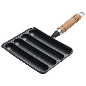 Cast Iron Pot for Grilled Sausage with Wooden Handle BBQ Supply Grilled Pot Sausage Fry Pan Hot Dog Baking Steaming Tool