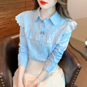 Elegant Pure Cotton Lace Trim Shirt Womens Fashionable Patchwork Butterfly Knot Shirt Ladylike Straight Cut Long Sleeve Button up