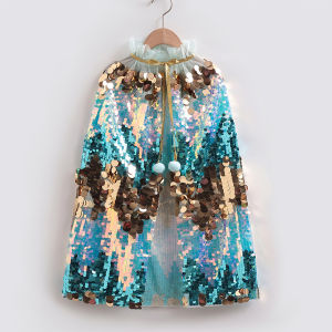 Little Girls Mermaid Rainbow Sequin Cape Cloak Princess Shiny Glitter Party Prop Kids Halloween Fancy Dress 3-5 Years